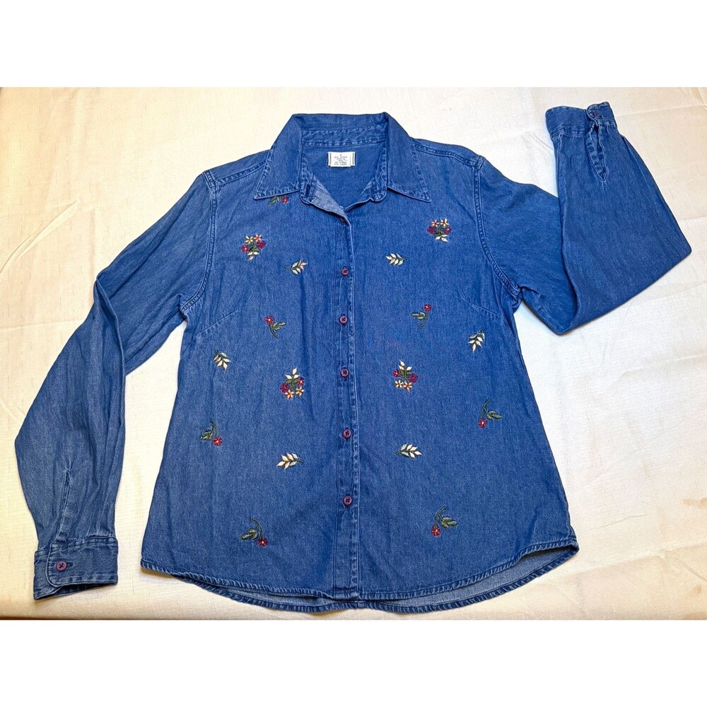 Wrangler Women's L Blue Denim Floral Embroidered Button-Up